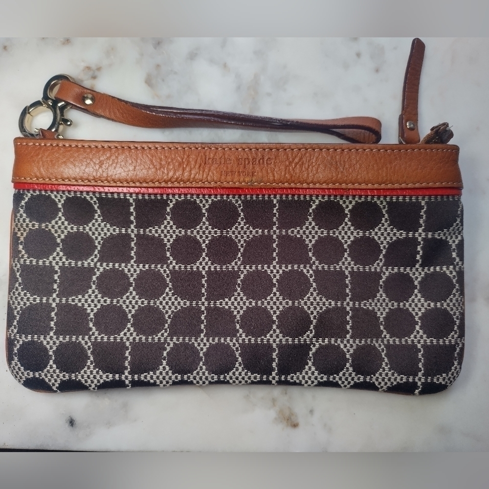 Kate Spade Womens Wristlet Leather Trimmed With Printed Tile Weaved Fabric Brown